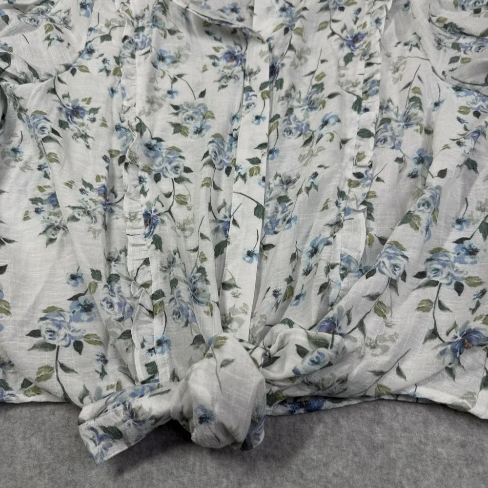 Zac & Rachel Floral Blouse Women PXL White Floral 70s Ruffle Knot Tie Top